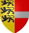Parti d'or, à trois léopards de sable et de gueules à la fasce d'argent